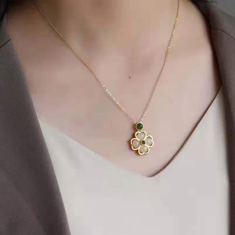 925 Sterling Silver Lucky Four Leaf Clover Jade Prosperity Necklace Chain Pendant