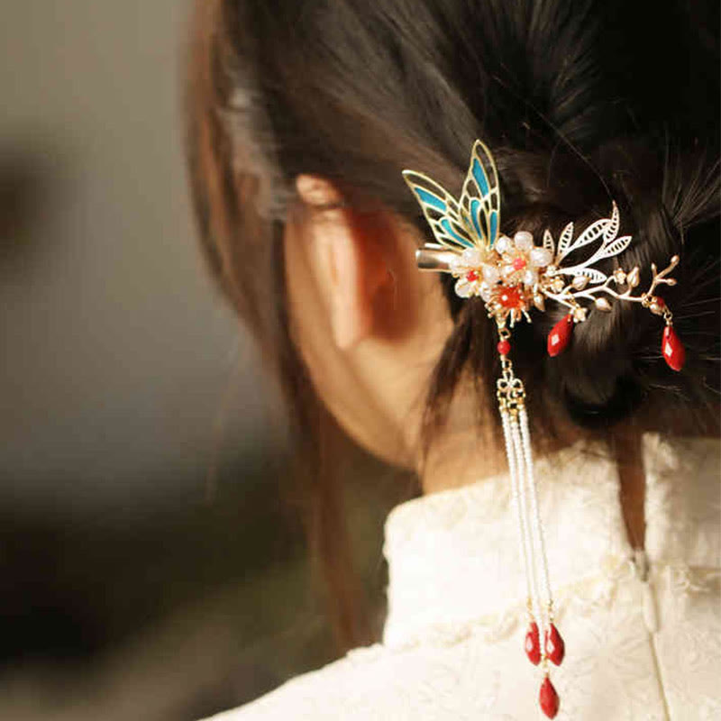 Classical Chinese Style Flower Branche Butterfly Pearl Tassel Hair Clip Hair Comb Hair Crown