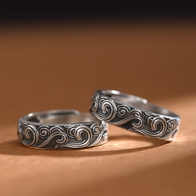 999 Sterling Silver Auspicious Clouds Engraved Blessing Adjustable Ring