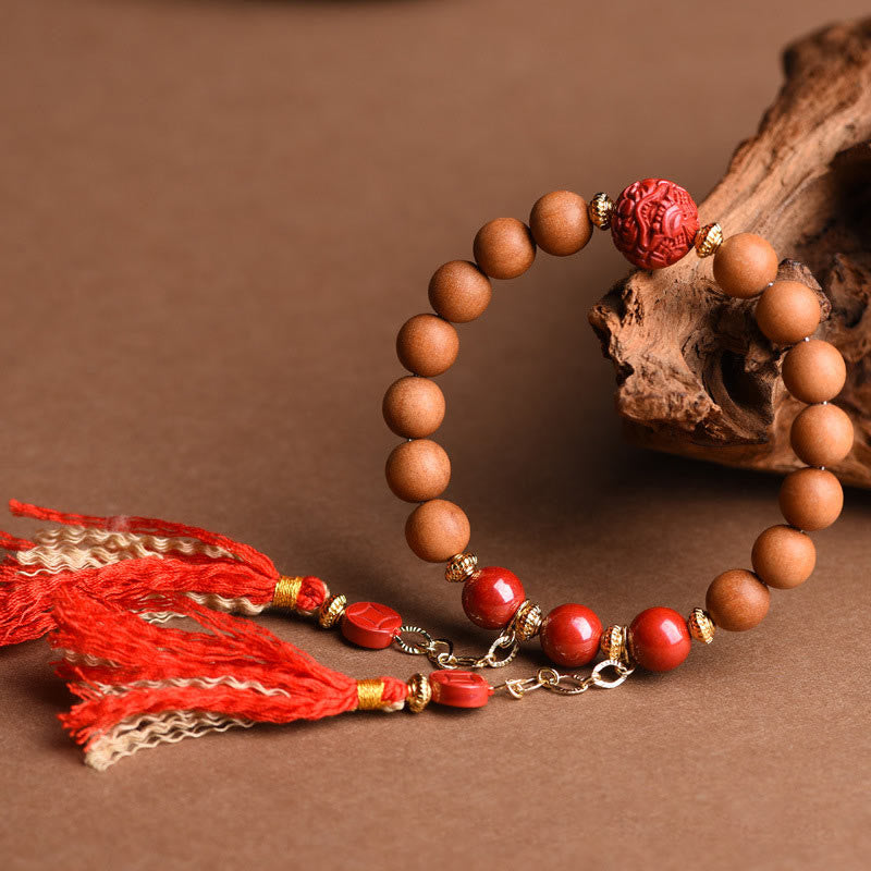 Tibetan Natural Peach Wood and Cinnabar Pixiu Tassel Bracelet