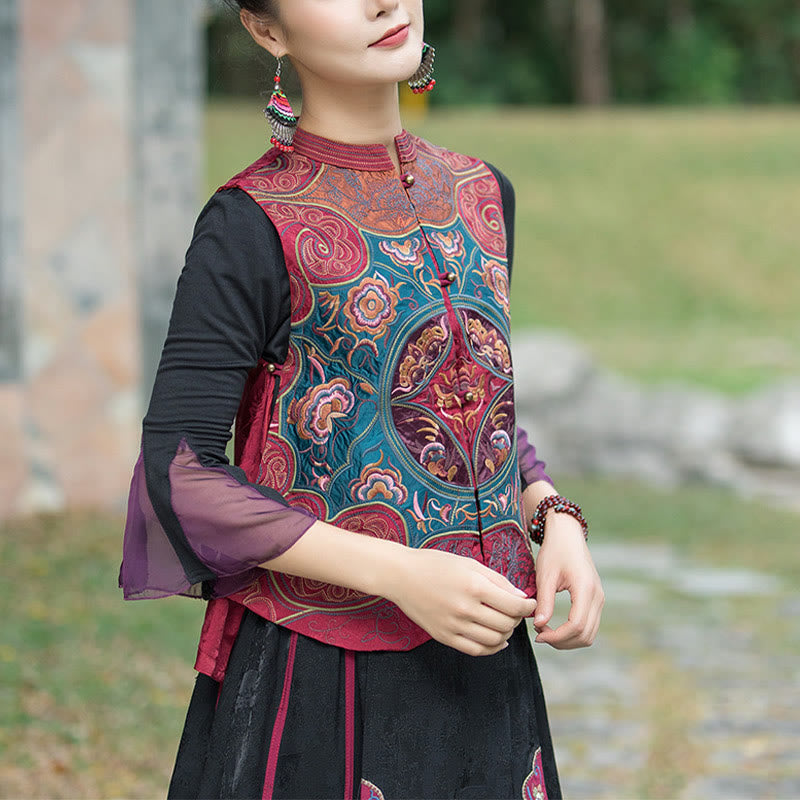 Vintage Style Embroidery Flower Tang Suit Design Sleeveless Vest