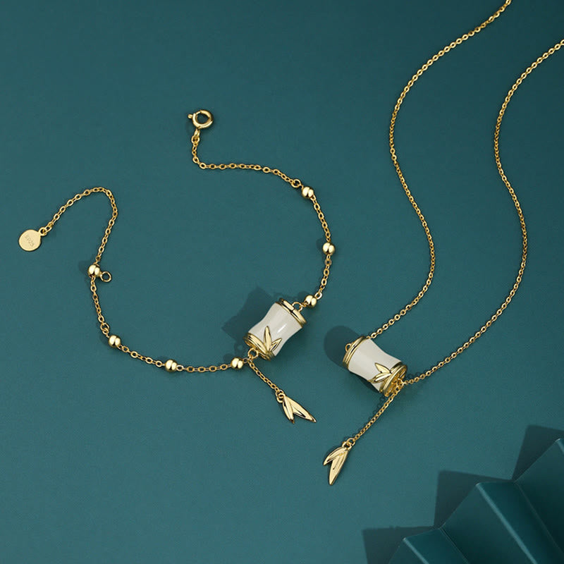 925 Sterling Silver 22K Gold Hetian White Jade Bamboo Leaf Luck Necklace Pendant Bracelet