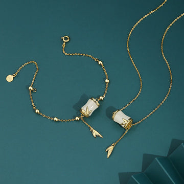 925 Sterling Silver 22K Gold Hetian White Jade Bamboo Leaf Luck Necklace Pendant Bracelet