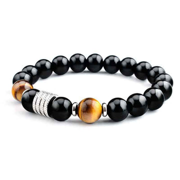 10mm Black Obsidian and Tiger Eye Beaded Bracelet with Titanium Steel