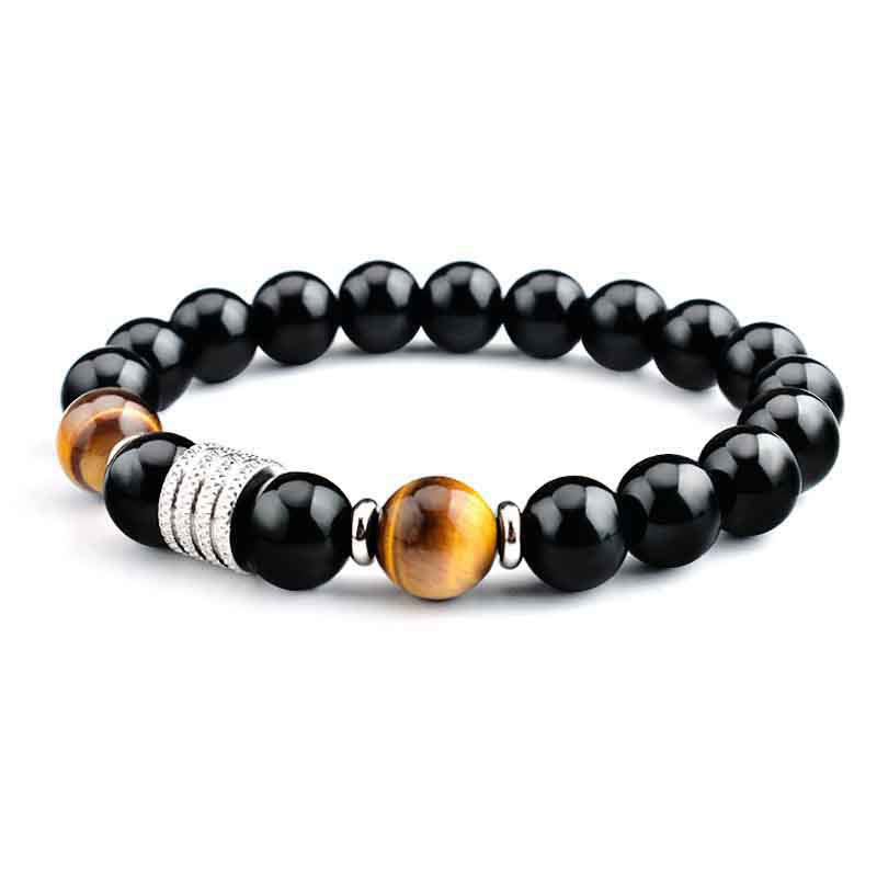 10mm Black Obsidian and Tiger Eye Beaded Bracelet with Titanium Steel