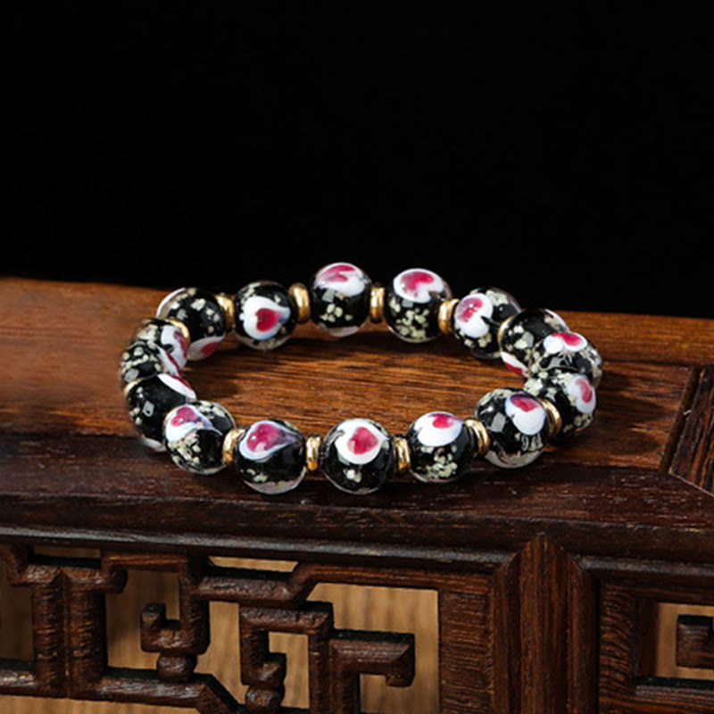 Gold Swallowing Beast Family Pink Love Heart Luminous Fluorescent Liuli Glass Bead Bracelet