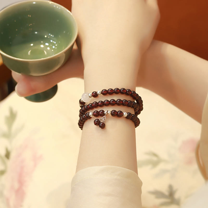 925 Sterling Silver Natural Garnet Cat Eye Protection Triple Wrap Bracelet