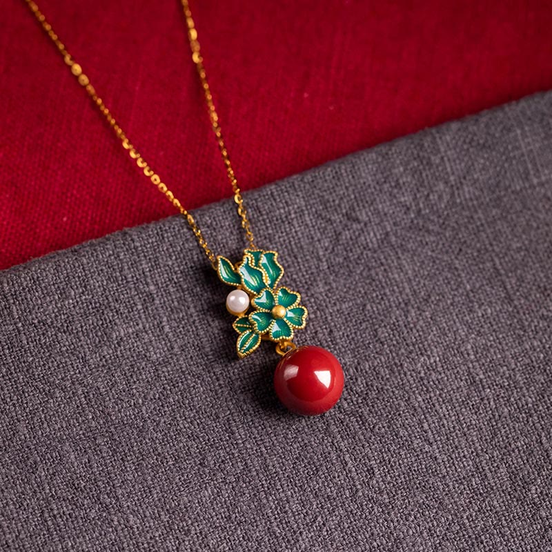 925 Sterling Silver Plated Gold Cinnabar Pearl Flower Blessing Necklace Pendant Earrings Ring Set