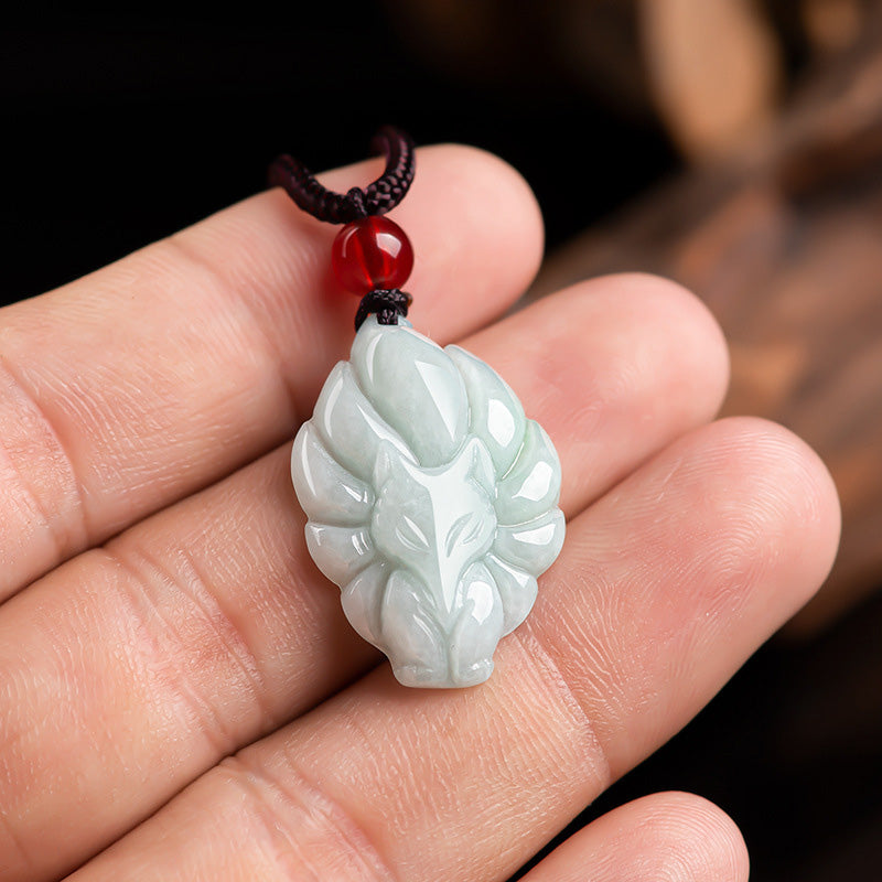 Natural Jade Nine Tailed Fox Luck Prosperity Necklace Pendant