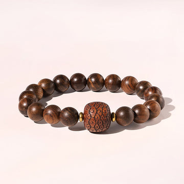 Hand-Carved Rosewood & Jade Turquoise Copper Auspicious Clouds Fu Symbol Bracelet