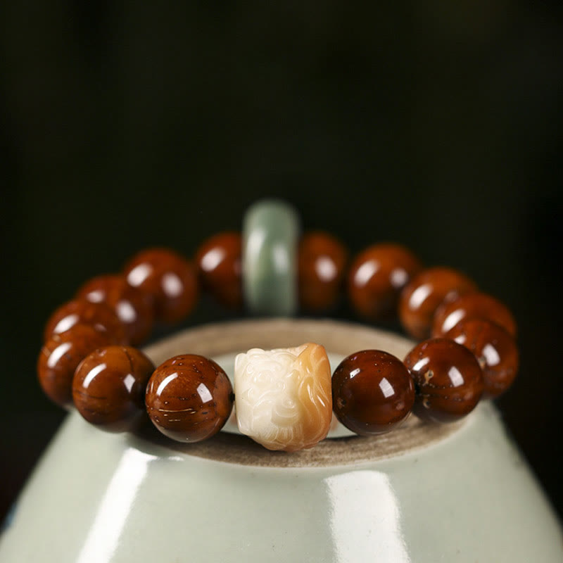 Handcrafted Purple Bodhi Seed Guardian Lion Lotus Beaded Bracelet