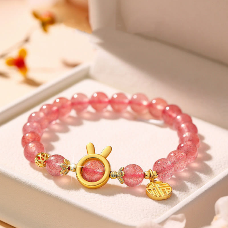 Pink Rose Quartz & Hetian Jade Fu Symbol Crystal Bracelet