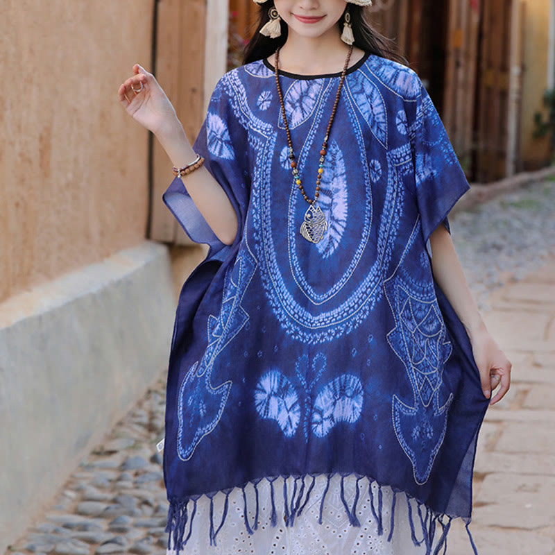 Blue Geometric Batik Draped Travel Meditation Shawl