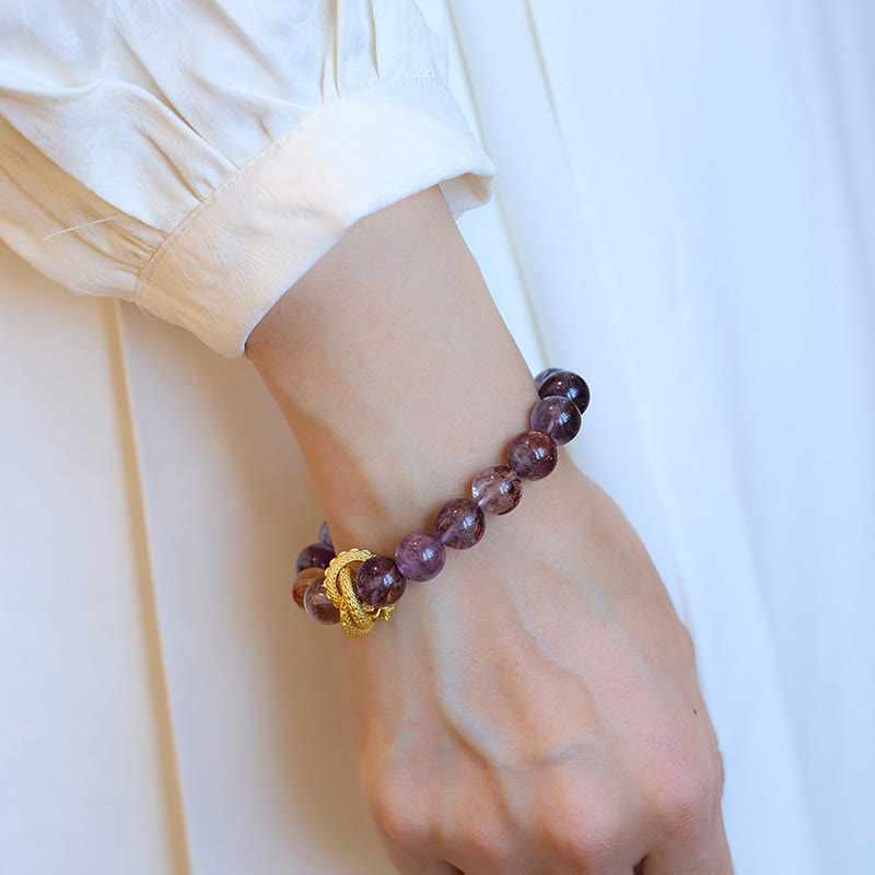Purple Phantom & Red Hematoid Quartz Gold-Plated Copper Dragon Beaded Bracelet