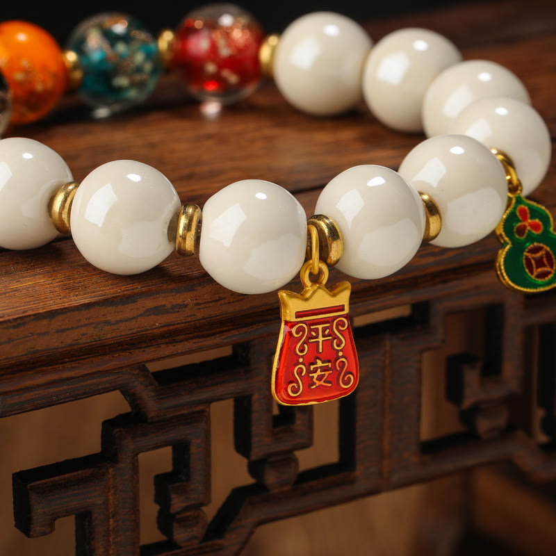 Luminous Liuli Glass & Tibetan Porcelain Beaded Bracelet with Wu Lou Copper Coin Charm