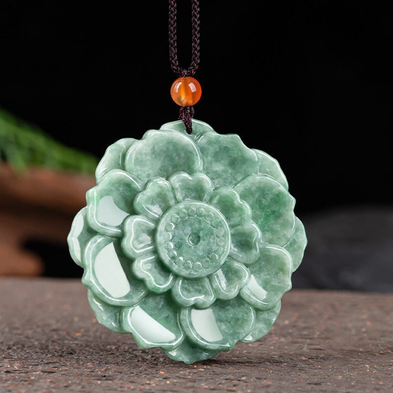 Lotus Pattern Jade Luck Prosperity Necklace Pendant