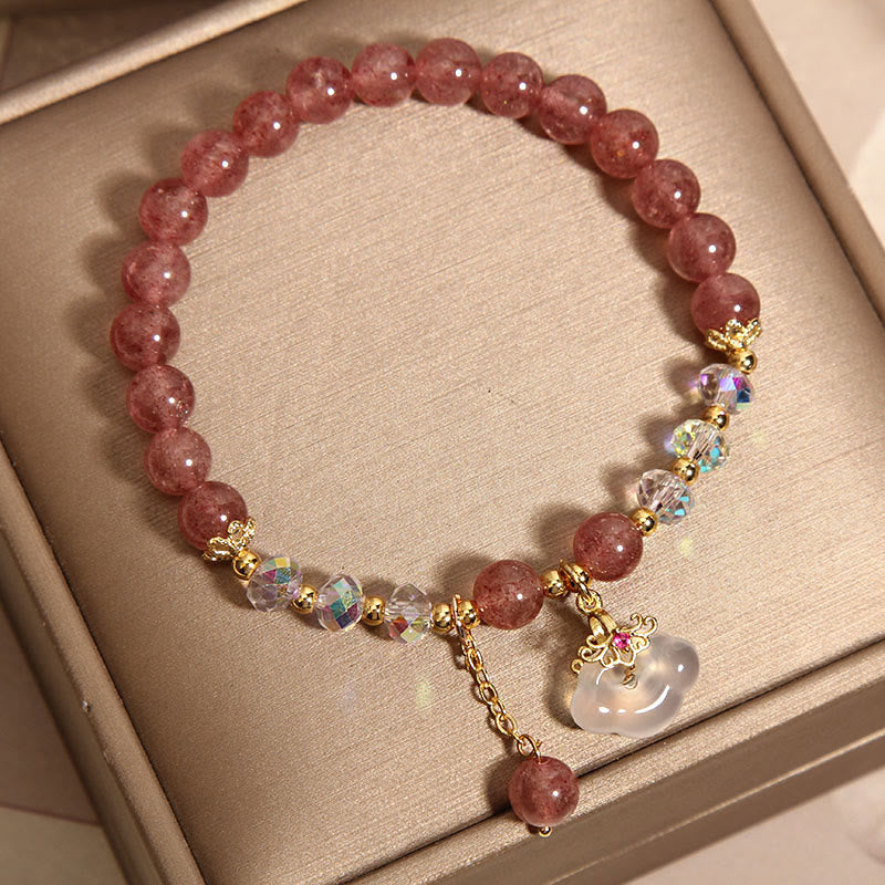 Natural Strawberry Quartz and White Agate Auspicious Cloud Beaded Crystal Bracelet