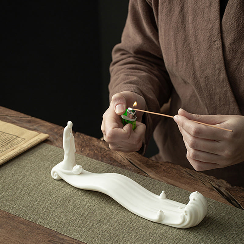 Minimalist Ceramic Monk Sea Wave and Mountain Landscape Incense Burner