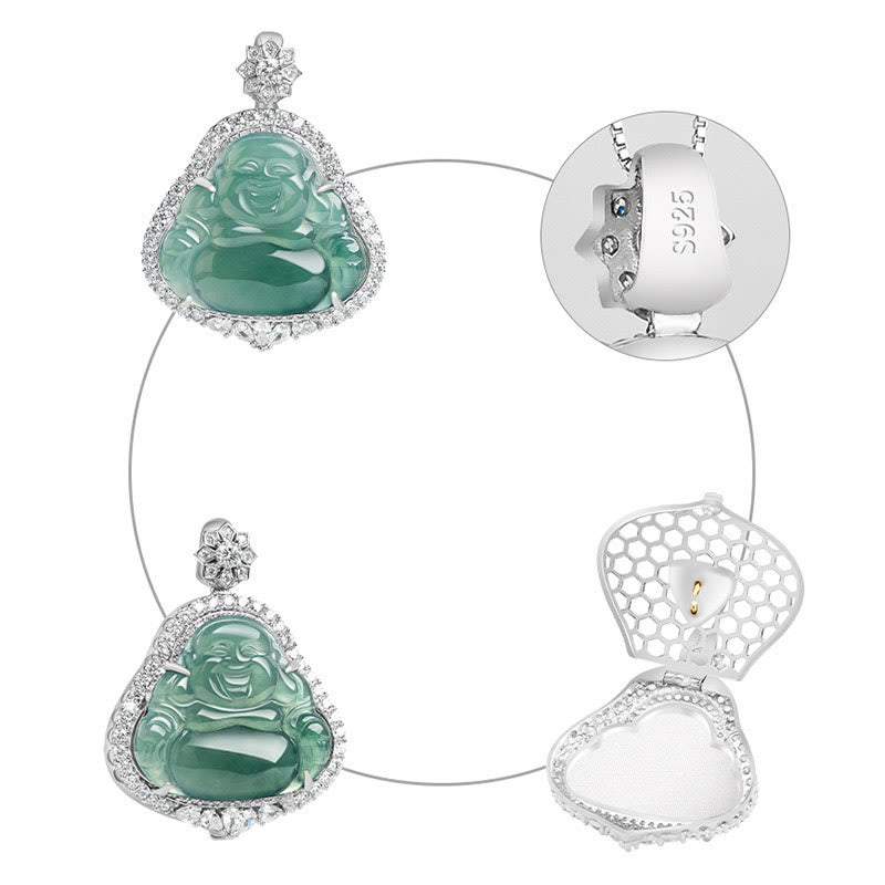925 Sterling Silver Laughing Buddha Natural Jade Luck Abundance Chain Necklace Pendant