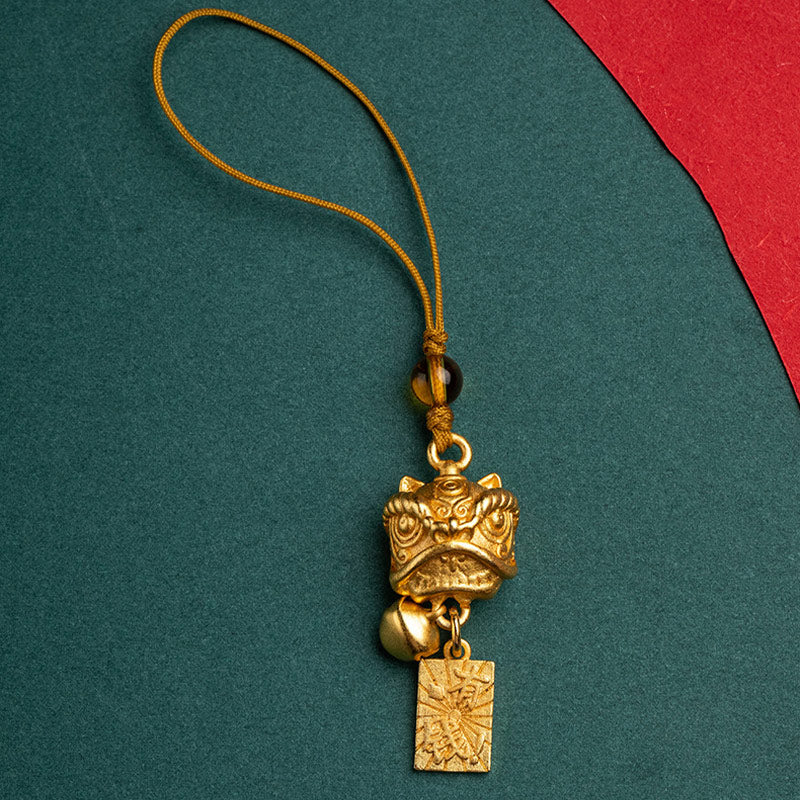 Dancing Guardian Lion Brass Copper Phone Charm with Ping An Kou & Ruyi Symbols