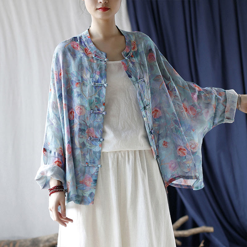 Pink Flowers Green Leaves Print Frog-button Design Long Sleeve Ramie Linen Jacket Shirt