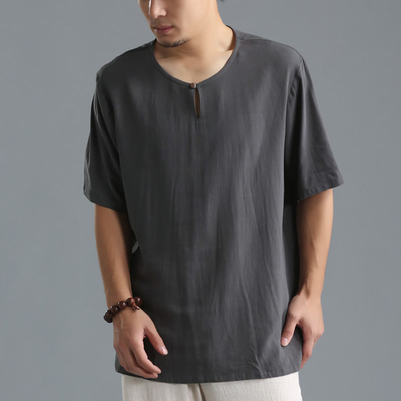 Breathable Cotton-Linen Crew Neck Short Sleeve Meditation Shirt