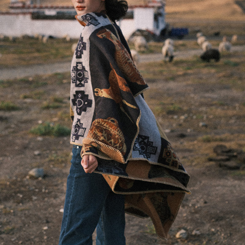 Tibetan Shawl Deer Vase Geometric Shapes Winter Cozy Travel Scarf Wrap