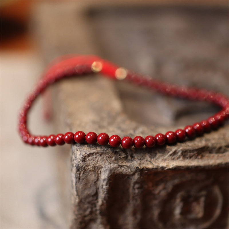 Hand-Braided Red String and Natural Cinnabar Adjustable Bracelet Anklet