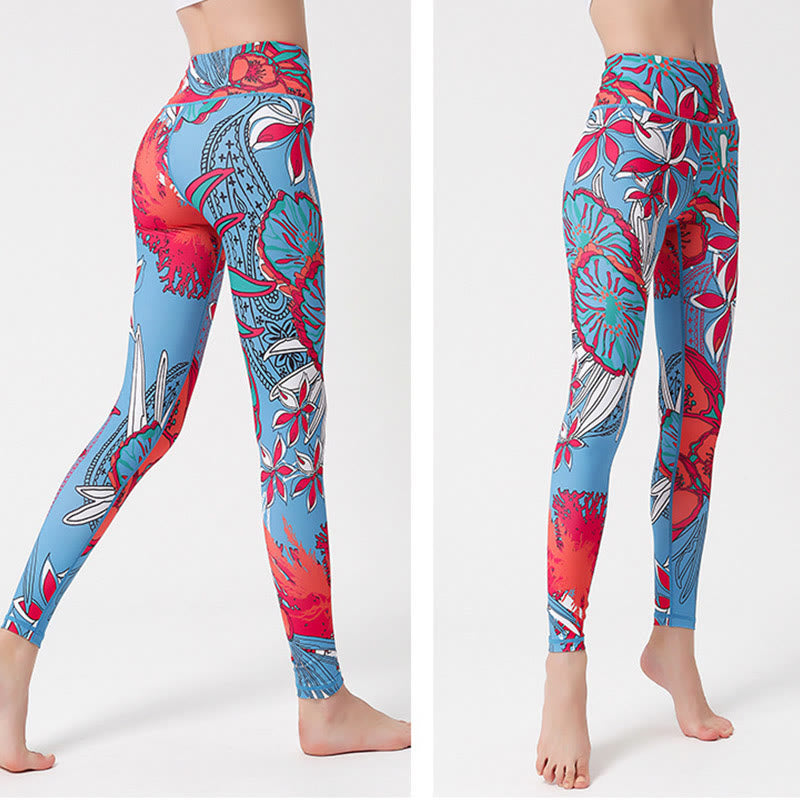 Colorful Flower Petal Leaves Print Sports Exercise Fitness High Waist Leggings Women's Yoga Pants