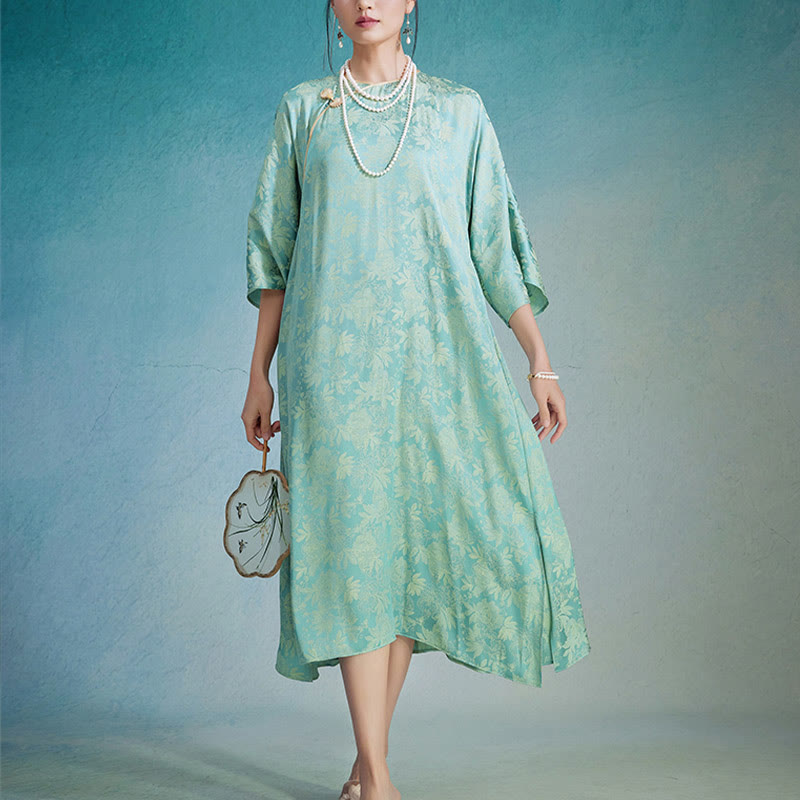 Small Flower Leaf Jacquard Chinese Cheongsam Qipao Midi Dress With Pockets