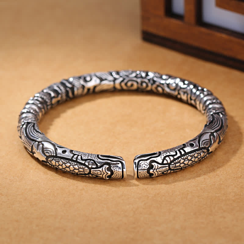 Hand-Carved Sterling Silver and Copper Dragon Head Bangle Bracelet