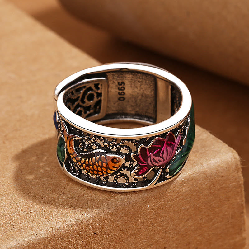Copper Blue Enamel Lotus Heart Sutra Koi Fish Luck Ring