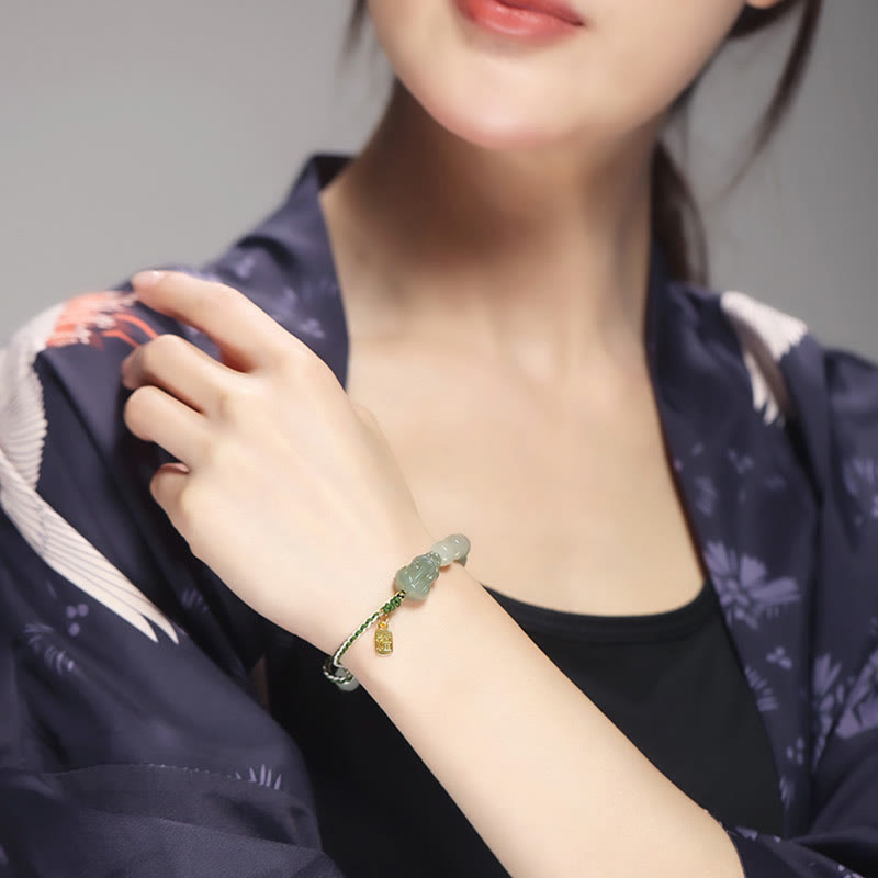 Handcrafted Natural Hetian Jade Pixiu & Fu Character String Bracelet