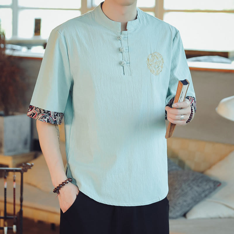 Frog-Button Dragon Embroidery Chinese Tang Suit Short Sleeve Shirt Linen Men Clothing