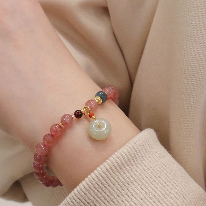 Natural Hetian Jade & Strawberry Quartz Beaded Bracelet with Clear Quartz