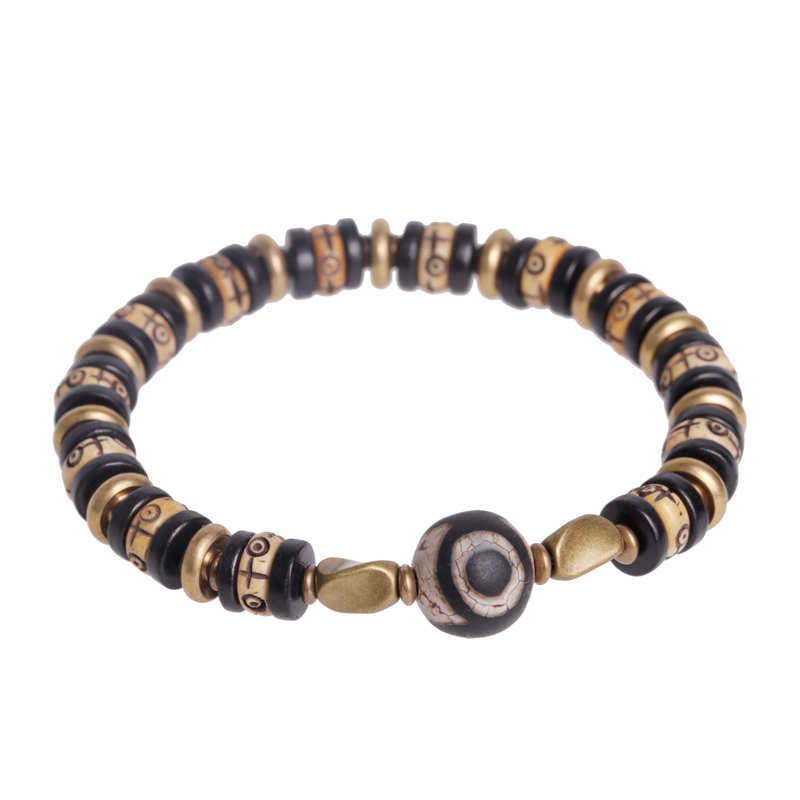 Ebony Wood & Dzi Bead Bracelet with Copper Accents for Grounding Strength