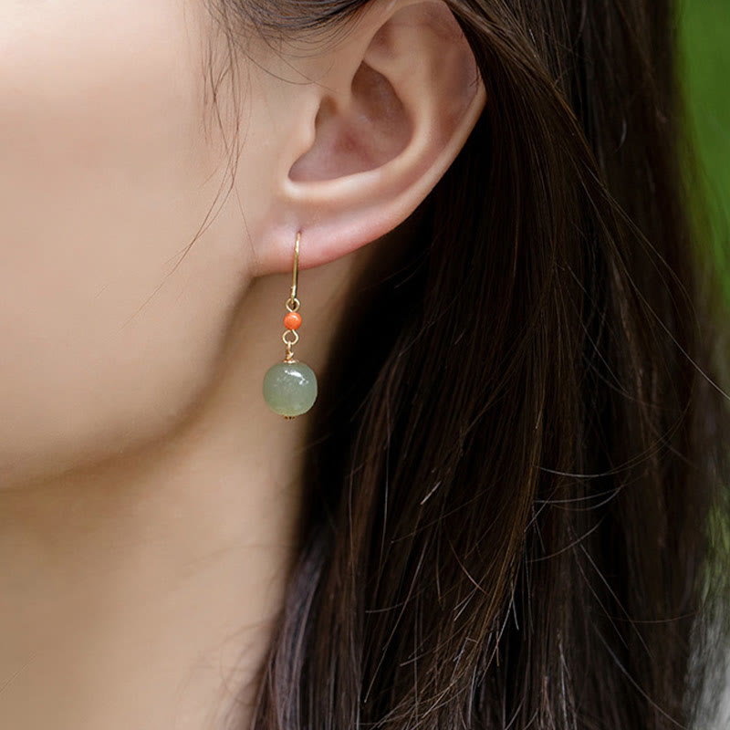 925 Sterling Silver Plated 14k Gold Hetian Jade Red Agate Luck Drop Dangle Earrings