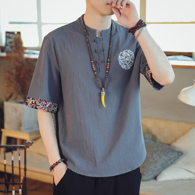 Frog-Button Dragon Embroidery Chinese Tang Suit Short Sleeve Shirt Linen Men Clothing