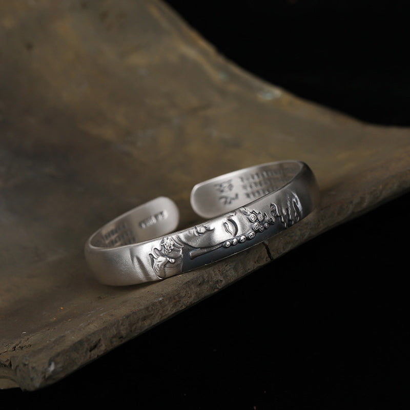 999 Sterling Silver Buddha Head Heart Sutra Serenity Bracelet Bangle