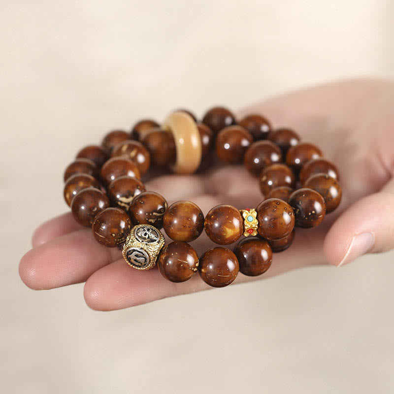 Tibetan Style Double Wrap Bracelet with Turquoise, Copper and Natural Purple Gold Rat Bodhi Seeds