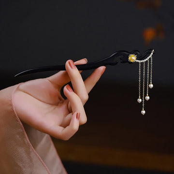 Ebony Wood Yellow Flower Pearl Tassels Hairpin