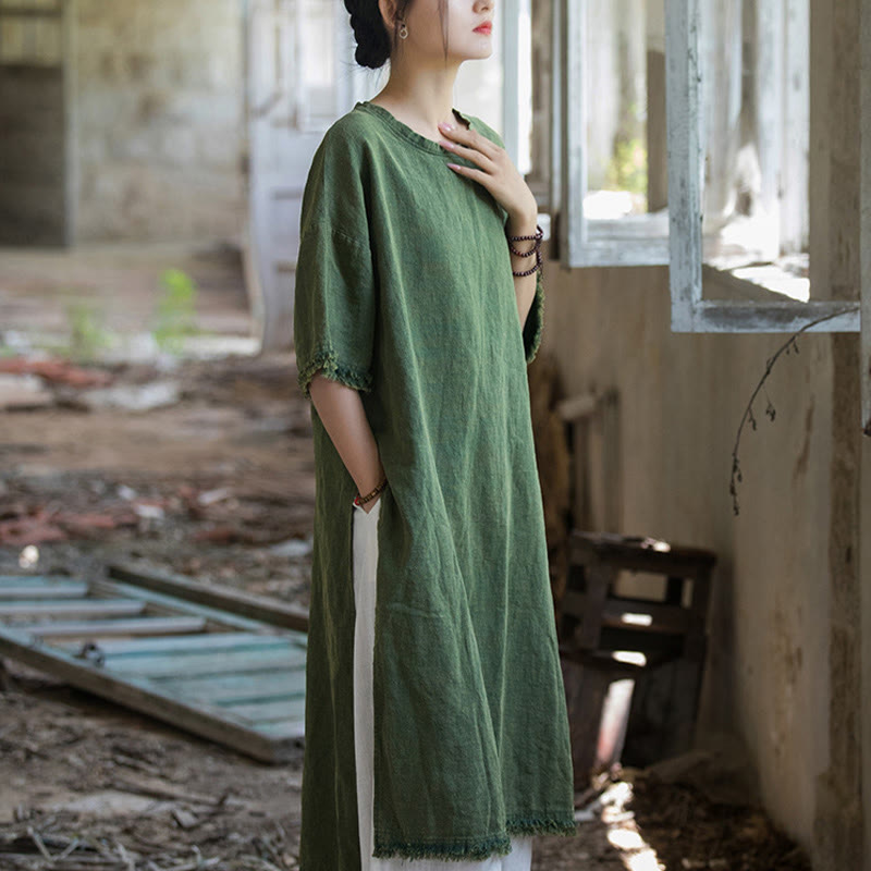Mid Length Dress Ramie Linen Half Sleeve Split Hem Top T-Shirt