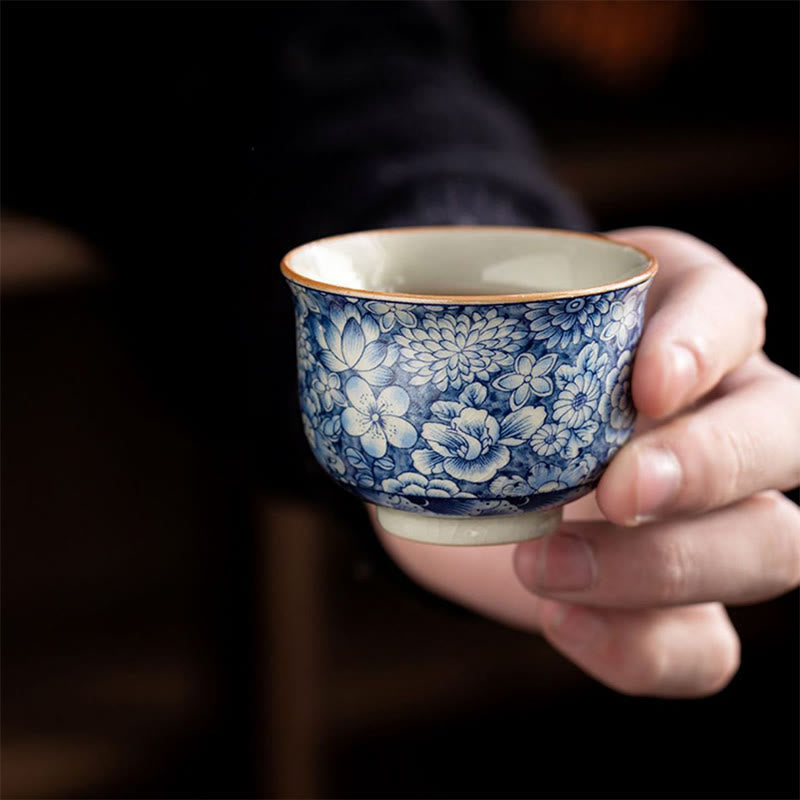 Vintage Lotus Peony Plum Blossom Chrysanthemum Ceramic Teacup Tea Cups