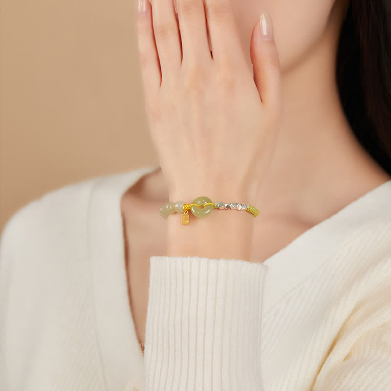 Hand-Woven Hetian Jade Ping An Kou Gold Plated Sterling Silver Beaded Bracelet