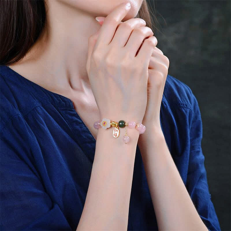 Natural Pink Crystal Jade Flower Warm Love Bracelet