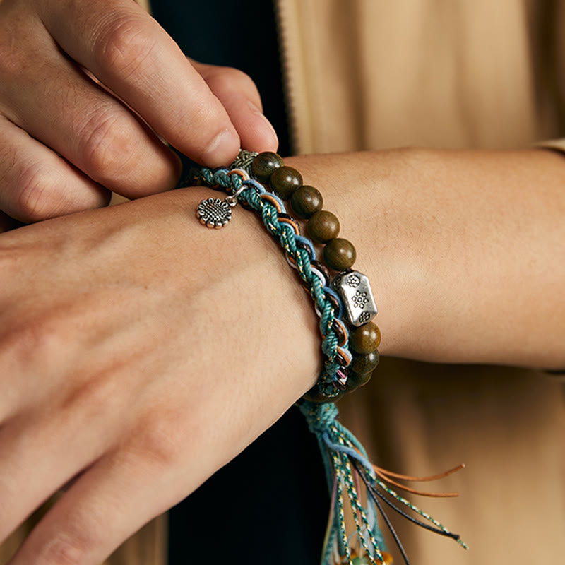 Handmade Green Sandalwood and Bodhi Seed 925 Sterling Silver Positive Bracelet