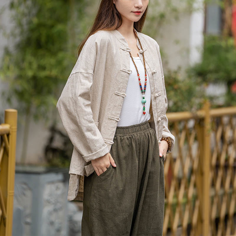 Frog-Button Design Shirt Tai Chi Meditation Top Clothing Ramie Linen Jacket