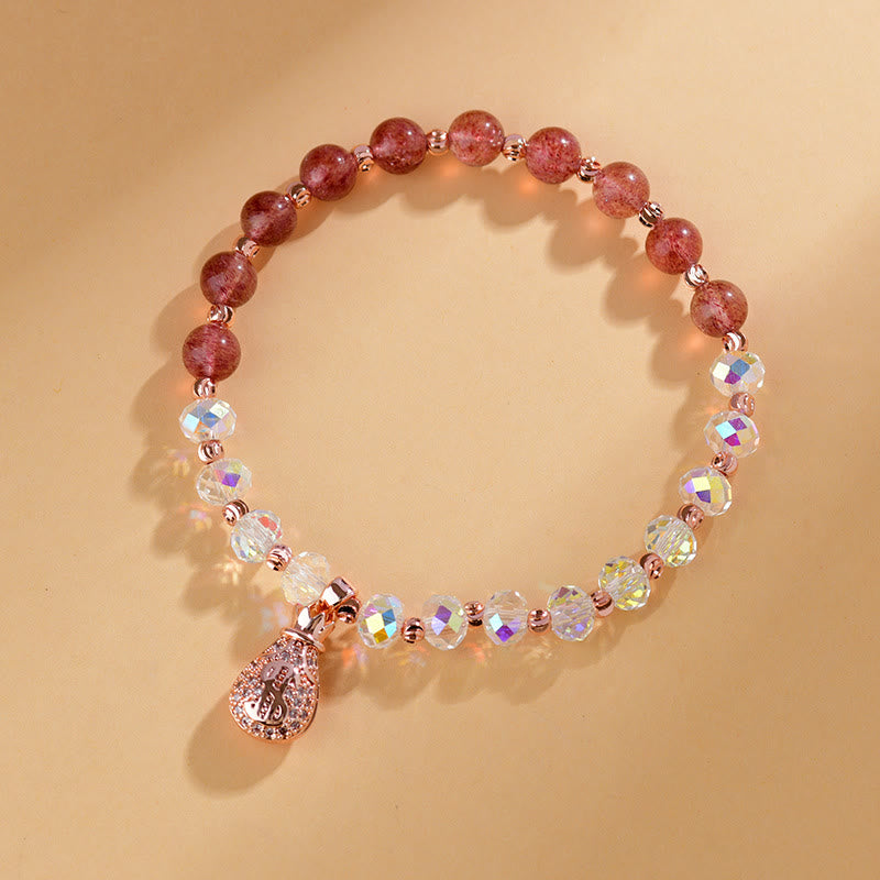 Strawberry Quartz and Clear Quartz Wealth Bag Copper Charm Bracelet for Women