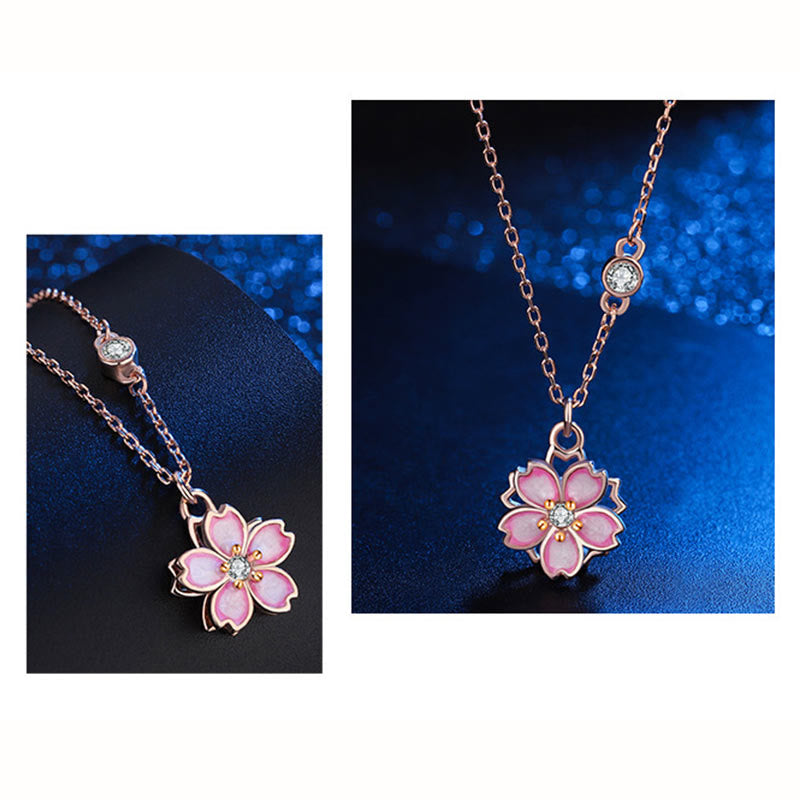 925 Sterling Silver Cherry Blossom Flower Rotatable Protection Necklace Pendant