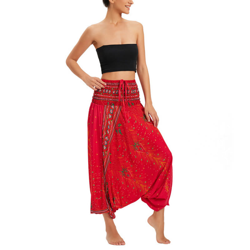 Two Style Wear Peacock Feather Loose Smocked Harem Trousers Jumpsuit High Waist Pants